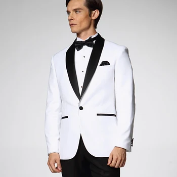 

White Mens Suit for Wedding Groom Tuxedo 2 Pieces Jacket+Pants Groomsmen Suit Black Shawl Lapel Wedding Suit