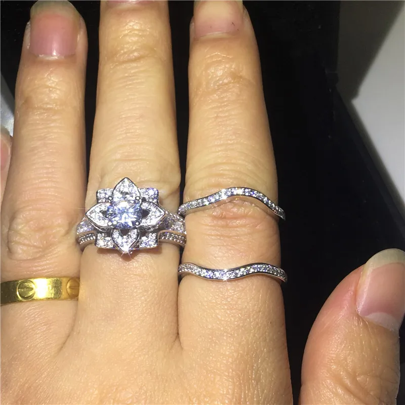 Vecalon 3-в-1 кольцо “Цветок” с комплекты 925 стерлингового серебра AAAAA Cz Обручение обручальное кольцо кольца для мужчин и женщин Роскошные палец ювелирное изделие