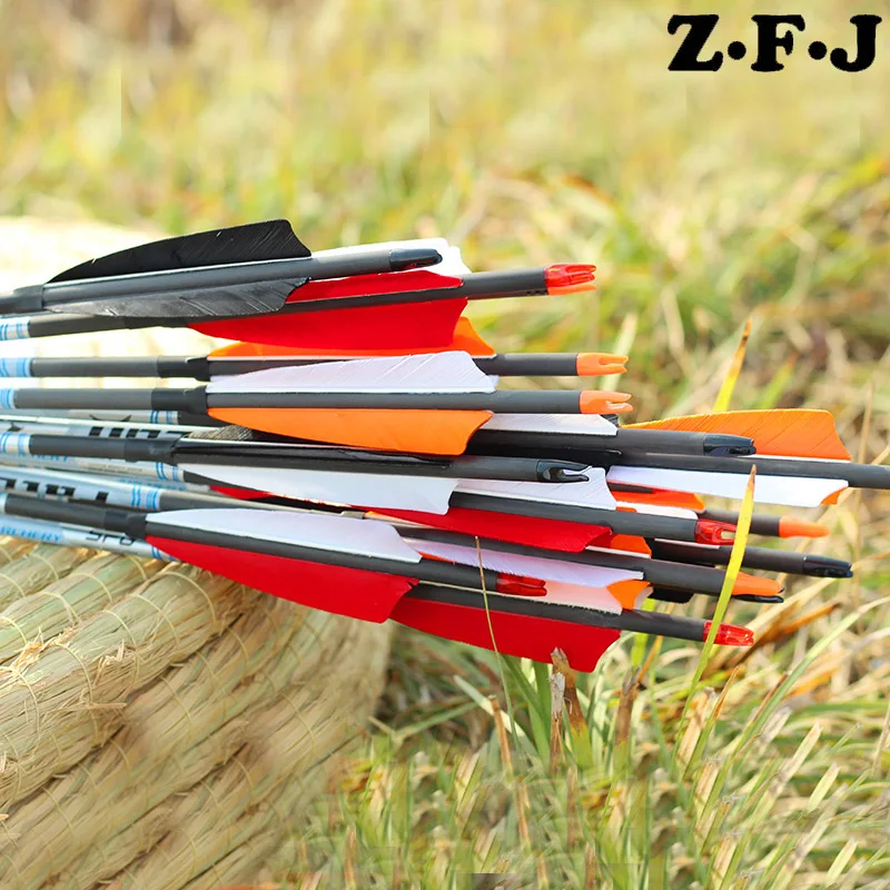 12pc Pure Carbon Arrows Spine 400 500 600 Id 62mm 4 Turkey Feathers