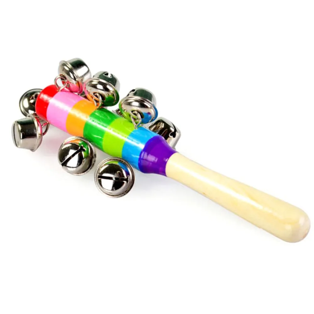 Hot sale 1pcs cute Wooden stick Rainbow Hand Shake bell Baby Rattles Jingle bells Infant Shaker Rattle ring educational toy DS29