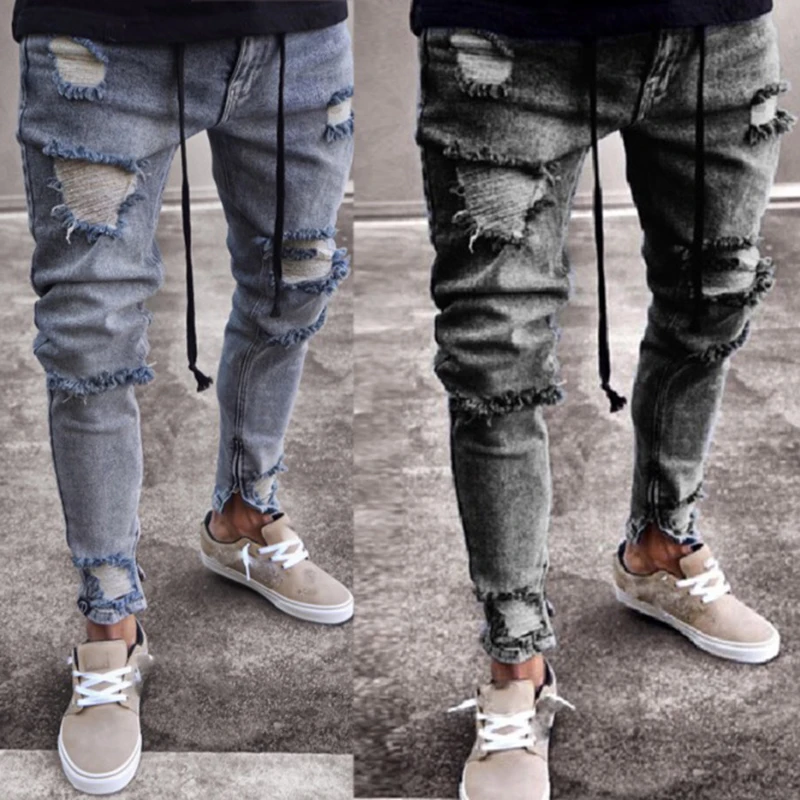 

Men denim gray Jeans Slim ripped hole Jeans Fashion Hip hop Skinny pencil Jeans For Men high street patchwork stretch jeans men