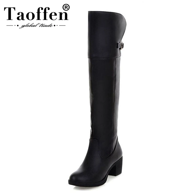 

TAOFFEN Women High Heel Over Knee Boots Motorcycle Winter Snow Boot Warm Botas Mujer Feminina Footwear Shoes P19898 Size 34-40