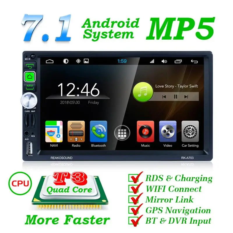 

7" Car Mp5 Player Quad-core Android 7.1 2DIN Mirror Link GPS Navigation HD WIFI Bluetooth Call AM/FM/RDS Raido Multimedia Player