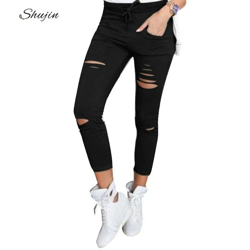 

SHUJIN New Skinny Jeans Women Shredded Pants High Waist Pants Women Trousers Women Leggings Hole Sweatpants Black Ripped Jeans
