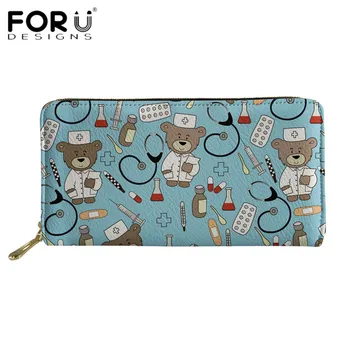 

FORUDESIGNS Cute Cartoon Nurse Bear Long Wallet Women's Youth Leather Bank Card Holder Cases Waterproof Travel Zipper Purses Bag