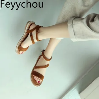 

Women Sandals Beach Shoes Low Heel Cow Suede Peep Toe Ankle Buckle 2018 Summer New Sexy Fashion Casual Office Dress Black Brown