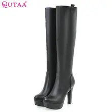 QUTAA/ г. Женские сапоги до колена женские высокие сапоги из искусственной кожи, без шнуровки, на платформе, с круглым носком, подходящие к любой одежде размеры 34-43
