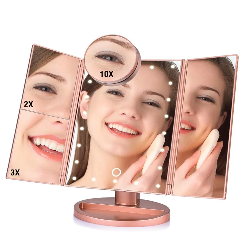 

22 Light Makeup Mirror Table Desktop Makeup 1X/2X/3X/10X Magnifying Mirrors Vanity 3 Folding Adjustable Mirror LED Touch Screen