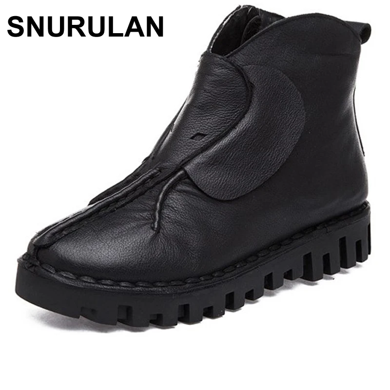 

SNURULAN Vintage Style Genuine Leather Women Boots Flat Booties Soft Cowhide Women's Shoes Boots zapatos mujer
