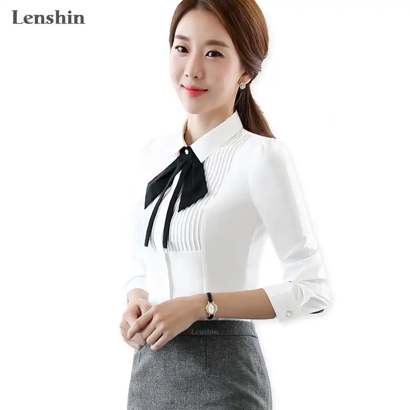 Lenshin 白ネクタイ作業服長袖スリム女性のブラウス White Shirt Women Blousesshirt With Tie Aliexpress