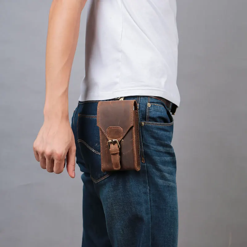 

BISI GORO 2019 Phone Waist Bag Men Genuine Leather Vintage Waist Packs Fashion Men Travel Fanny Pack Belt Loops Hip Bum Bag