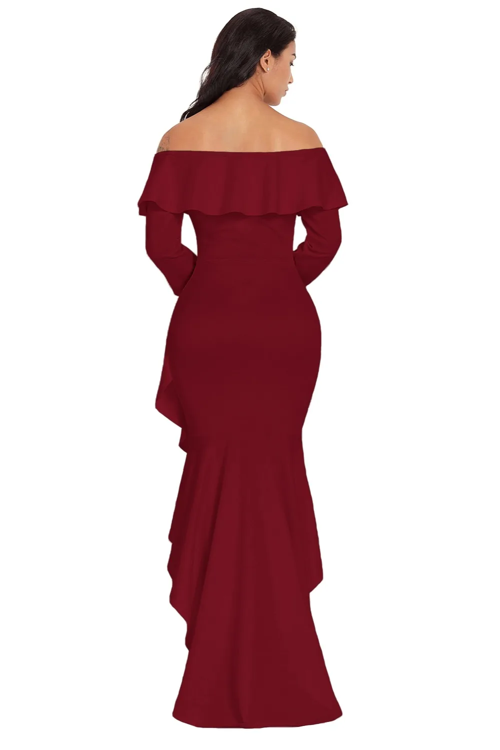 Burgundy-Lantern-Sleeve-Asymmetric-Ruffle-Hem-Evening-Dress-LC610303-3-2
