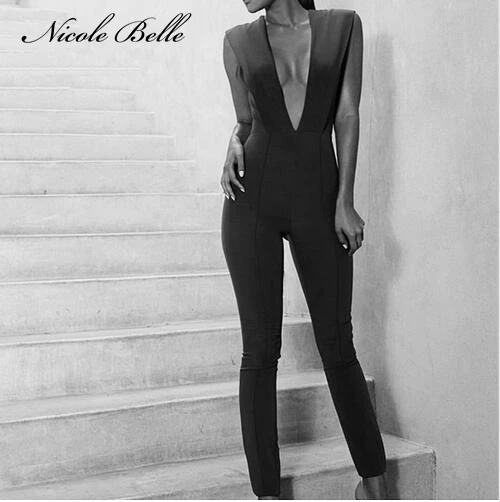 

2019 New fashion Women Jumpsuit Capris Track Slim Knit Jumpsuit Deep Plunge V Neck Party Elegant Woman Sexy Bodycon Playsuit