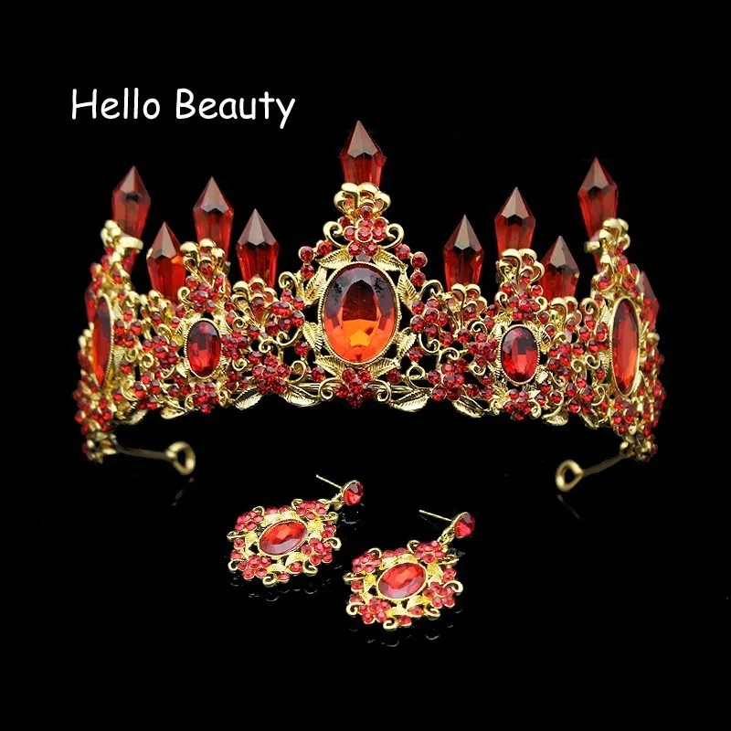 

Large Baroque Red Crystal Wedding Princess Crown Luxury Rhinestone Bride Tiaras Bridal Prom Hair Jewelry Bridesmaid Accessories