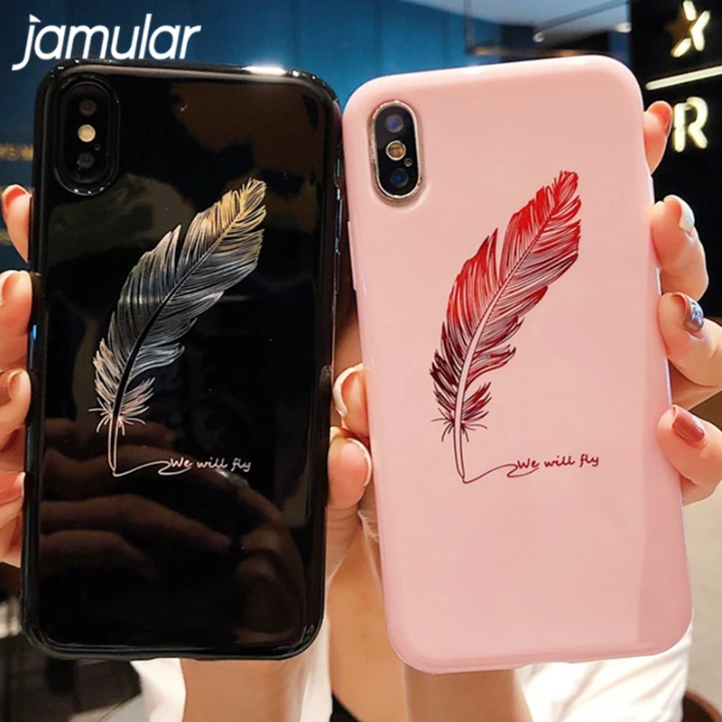 

JAMULAR Feather pattern Phone Case for iPhone 7 8 Plus 6S Plus Glossy hot stamping TPU shell for iPhone XS XR XS MAX soft coque