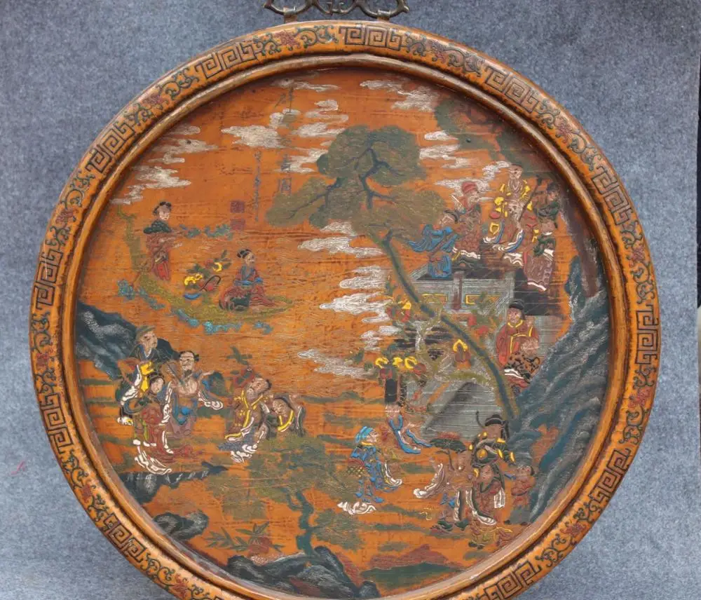 

24" Chinese Wood Lacquerware Tree Eight Immortals God Screen Wall Hanging Statue