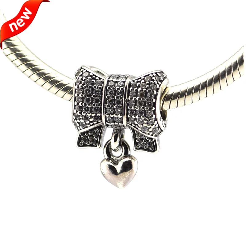 Fits For Pandora Braclets Heart and Bow Charms with Clear Cubic Zirconia 100% 925 Sterling Silver Beads Free Shipping | Украшения и