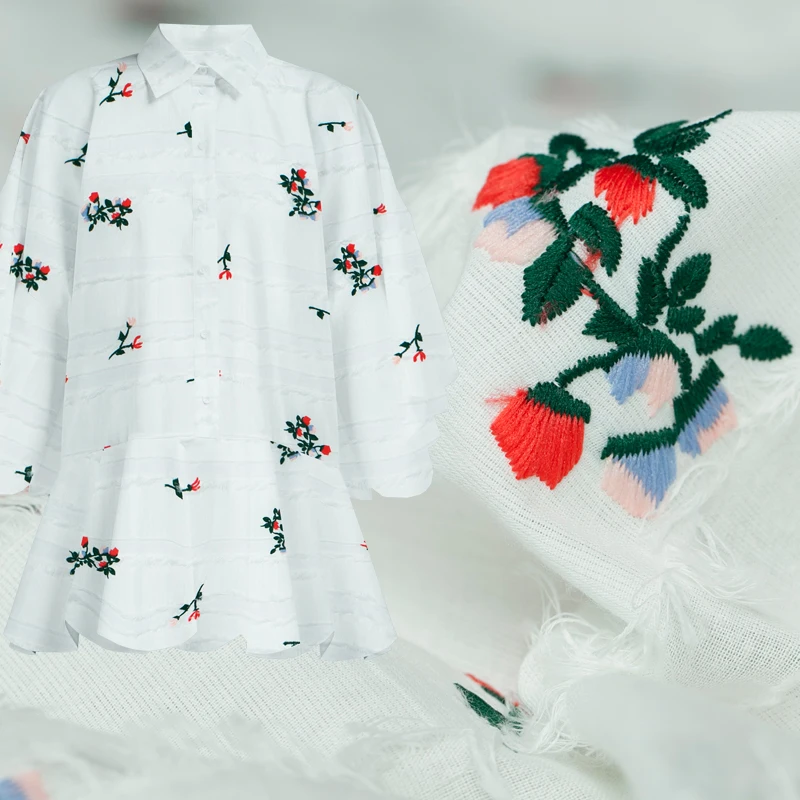 

Embroidery red small floral on white pure cotton tassel fabric,sewing for shirt,blouse,dress,skirt,curtain,craft by the yard