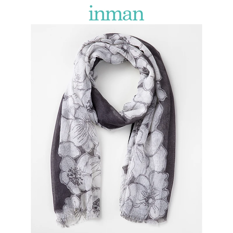 

INMAN 2018 New Arrival Women Apparel Autumn Winter Flower Print Contrast Color Two way to Use Fashion Lady Thin Scarf
