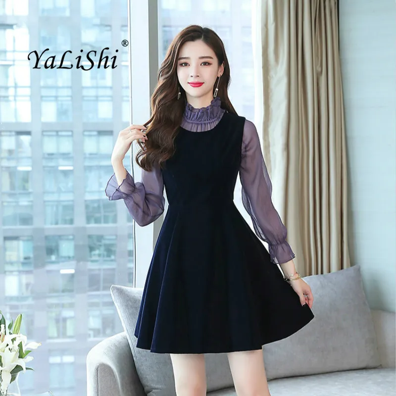 

2 Piece Set 2018 Plus Size Women Full Sleeve Stand Top and Red Blue Sleeveless Chiffon Elegant Mini Dress Autumn Two Piece Set
