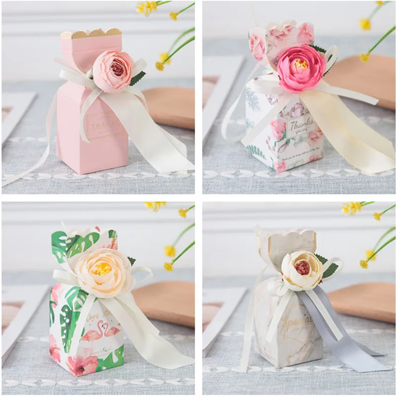 

20pcs Vase Shape Dragees Candy Gift Box Cake Cookie Cardboard Box Mariage Wedding Party Packaging Flower Gift Box with Flower