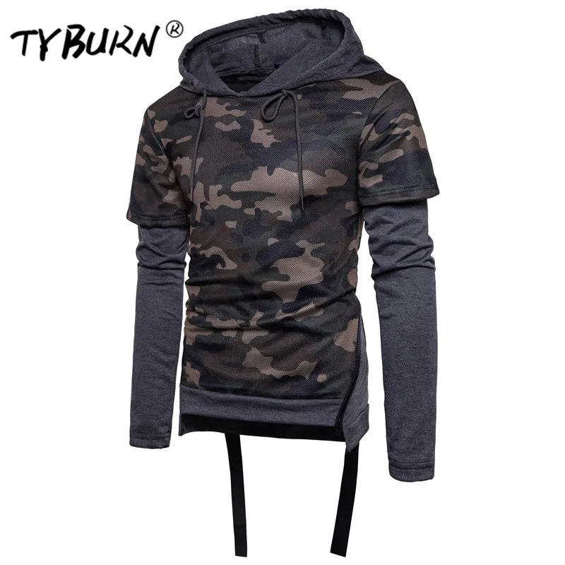 

TYBURN 2019 New Men's Hooded Pullover Men's Casual Slim Camouflage Fake Two Coat Hoodies Sweatshirt Coat