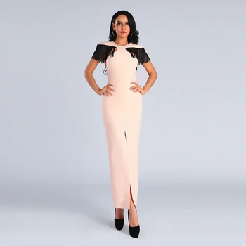 

Chic Elegant Round Neck Tassel Sleeve Front Spliting Maxi Dress Women Sheath Robe Femme Evening Party Long Dresses Vestidos