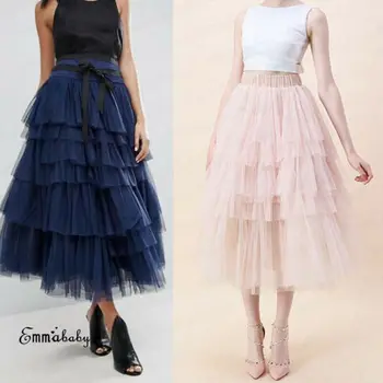 

Fashion Summer Women Boho Lace Tiered Ruffle Flower High Waist Beach Midi Skirt Lady Mesh Ball Gown Skirt