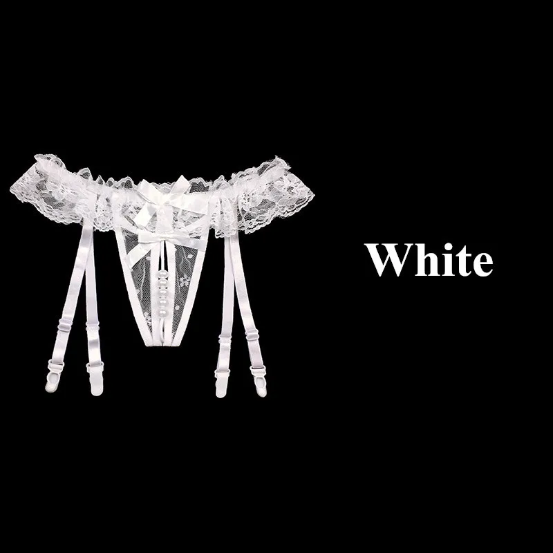 Кружевное Прозрачное нижнее белье, женские сексуальные цветочные трусики с бантом, подвязки, пояс для бедер, высокие чулки, женское эротическое белье - Цвет: White No Sotckings