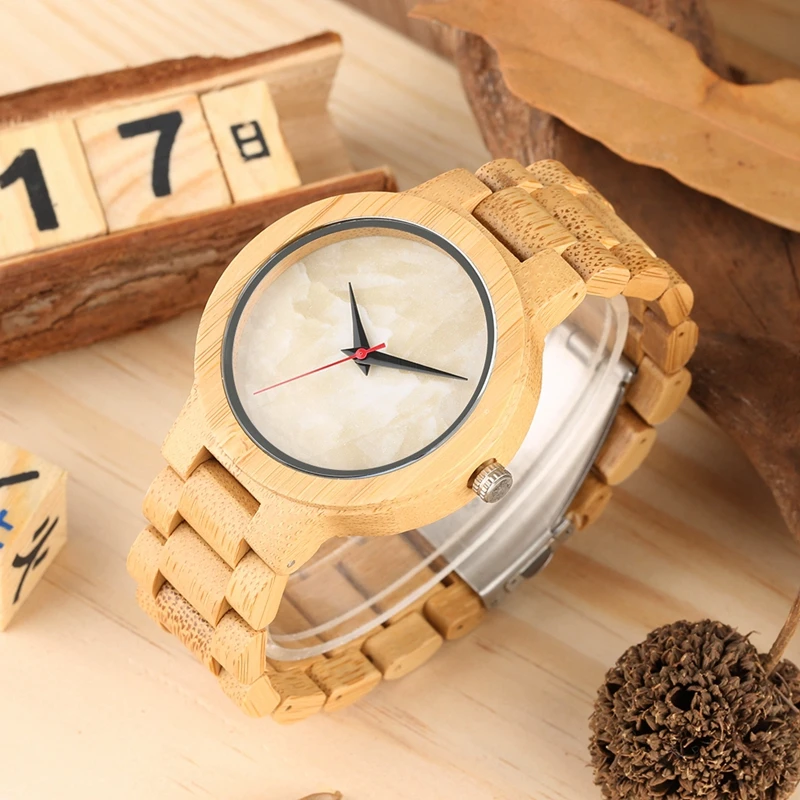 

Full Wooden Men's Watches Simple Marble Dial Light Woody Watch Quartz Analog Handmade Bamboo Wood Bracelet Fold Clasp Male Clock
