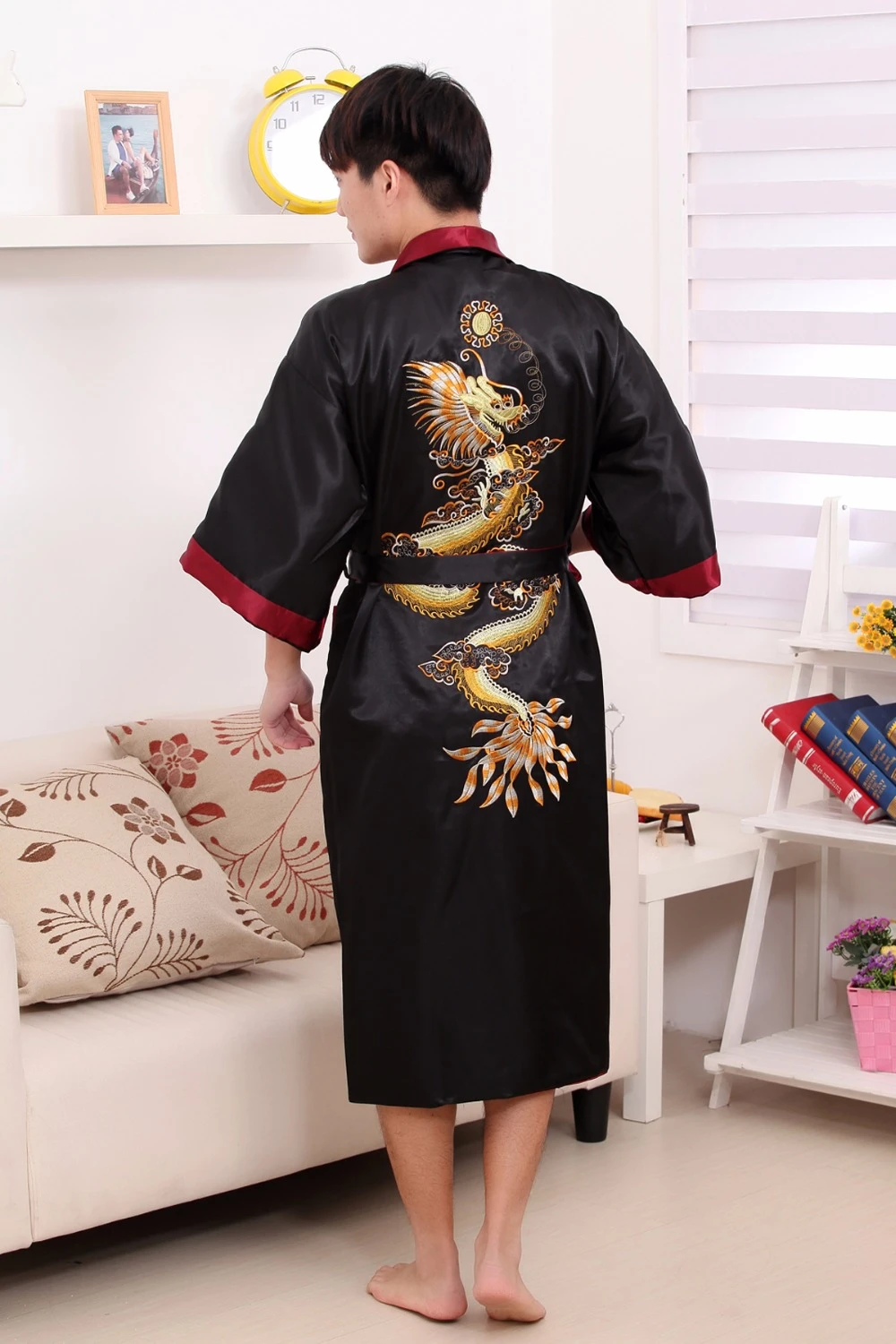 Black Double-Side Embroidery Dragon Male Long Robe Chinese Men Silk Satin Men's Dragon Kimono Robe Gown Reversible Bathrobe pajama joggers