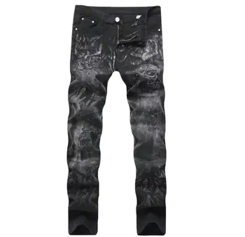 

Hip Hop Street High Stretch Jeans Men's Print Skull Straight Casual Black Pant