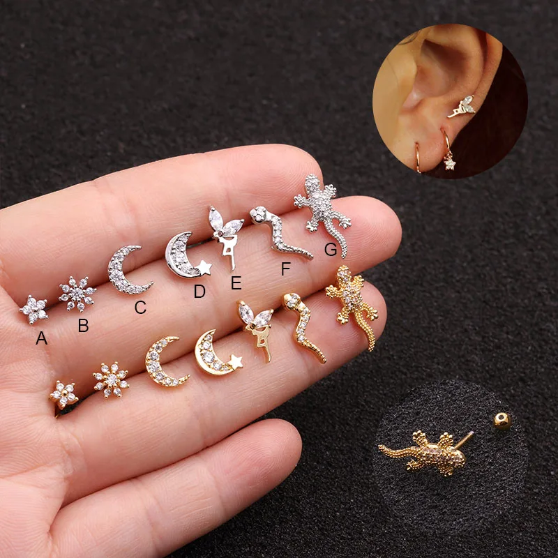 

Sellsets 20g Stainless Steel Ear Piercing Stud Cz Snake Lizard Gecko Flower Moon Cartilage Helix Conch Screw Back Earring
