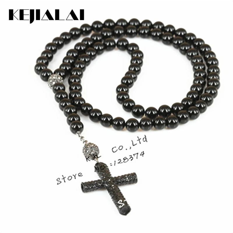 

KEJIALAI 1pcs 2018 Natural Black Beads With Cross Pendant Necklace Fashion Gem Stone Pendant Necklace A0192