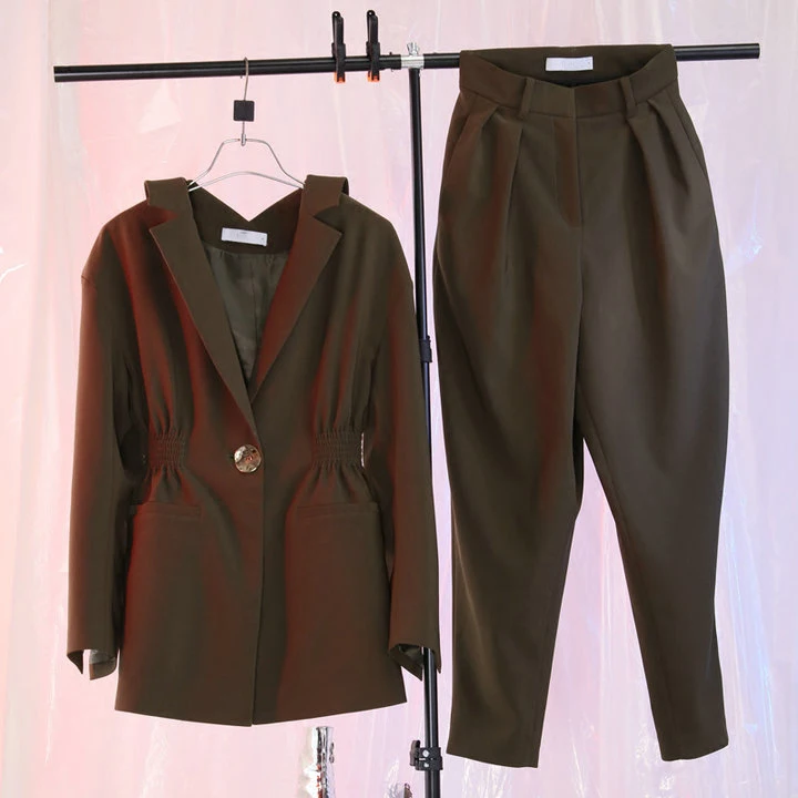 

2018 Women Retro Deep V-neck Slim Waist Blazer Jacket and Loose Wide Leg Harem Pants Casual Clothing Set