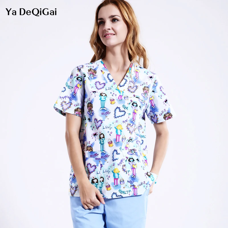 

Cartoon print Medical Surgical pharmacy doctor nurse work uniform spa beauty salon shirt men&women scrub tops medical clothing
