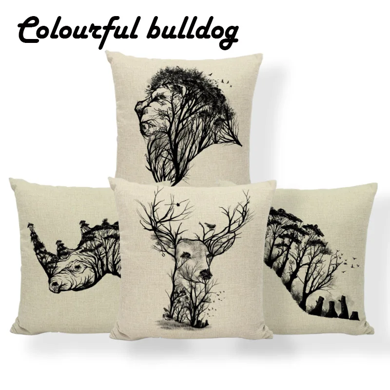 Lion Creativity Cushions Bird Deer Giraffe Pillow Cover Tiger Forest Cartoon Sofa Presents Throw Cushion Covers 18X18 Linen Cool