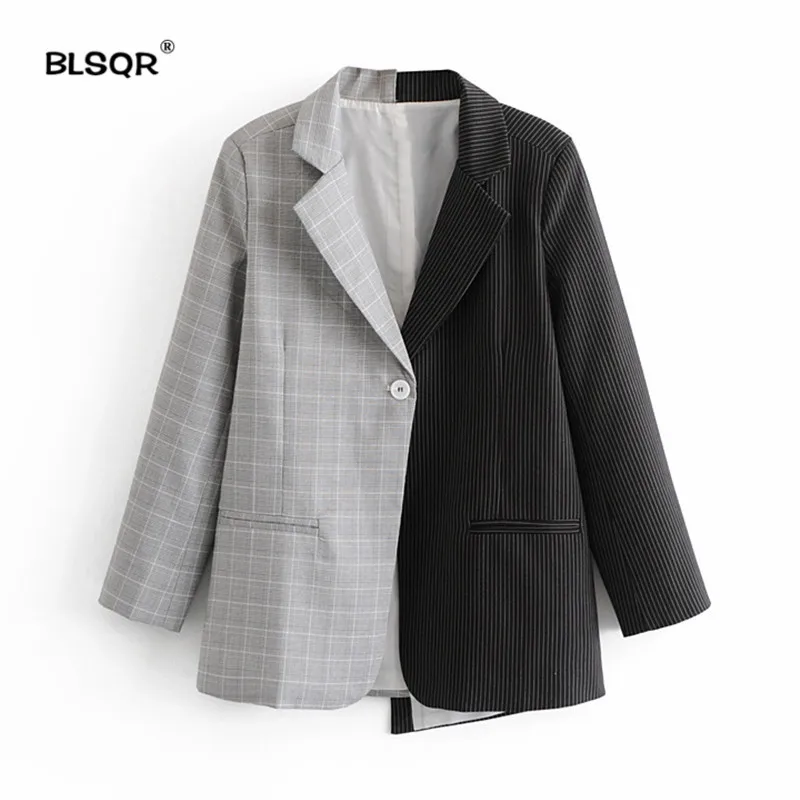 

Women Striped Plaid Splice Blazer Jacket Long Sleeve Suit Blazer Coat Single Button Asymmetrical Coat Striped Women Tops