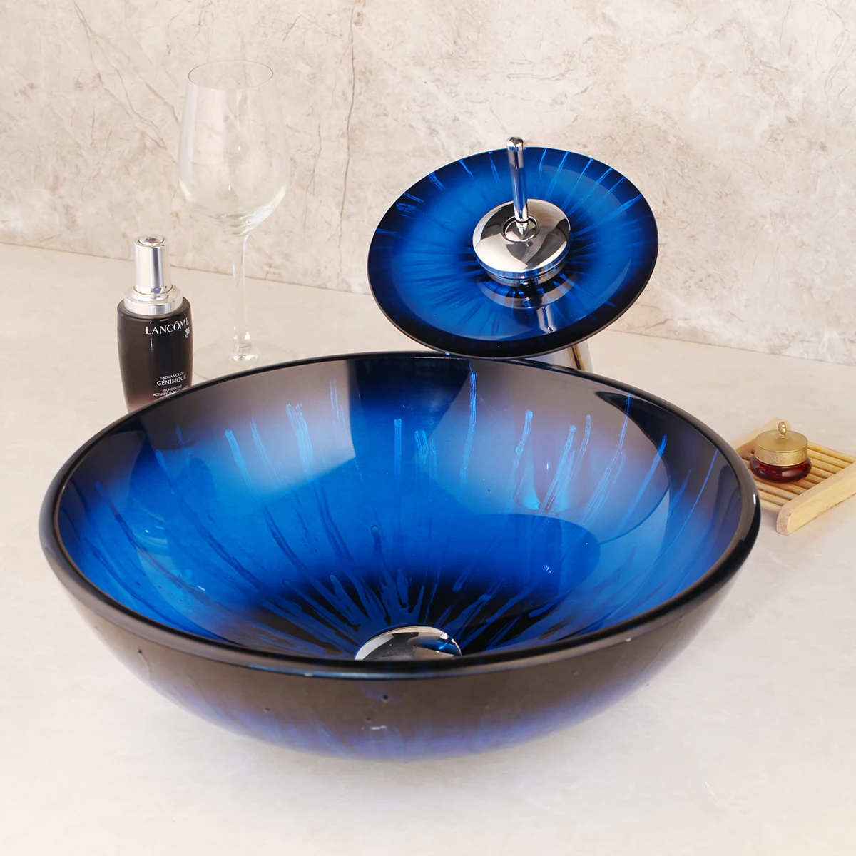 Yanksmart, для ванной комнаты раковина закаленный стеклянный сосуд Раковина полоса синий с водопадом смеситель для ванной набор круглый бассейн слив
