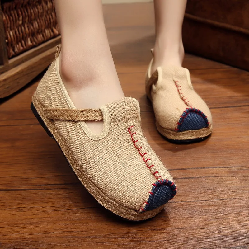 Womens Casual Plain Linen Cotton Loafers Breathable Vintage Style ...