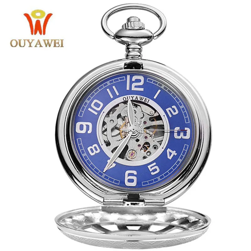 OUYAWEI Sky Blue Pocket Watches Men Hand Wind Mechanical Vintage Pendant Watch Necklace Chain Antique Fob 1