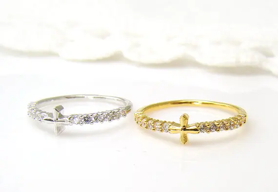 Wholesale 18K Gold/Silver Women’s Tiny Cross Ring Crystal Ring Jewelry Bridesmaid Gift Idea–12pcs/lot –Factory Direct Sale