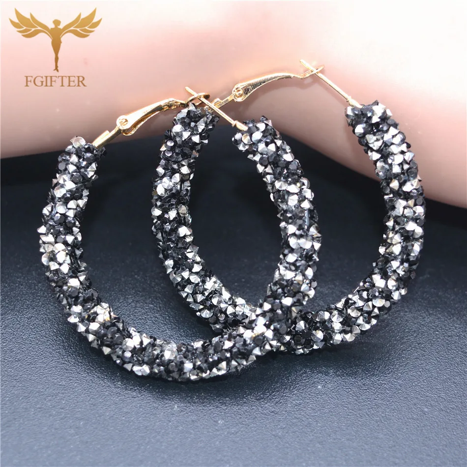 

Black Crystal Circles Hoop Earrings For Women Fashion Gold Silver Color Jewelry Trendy Retro Big Round Circle Earrings