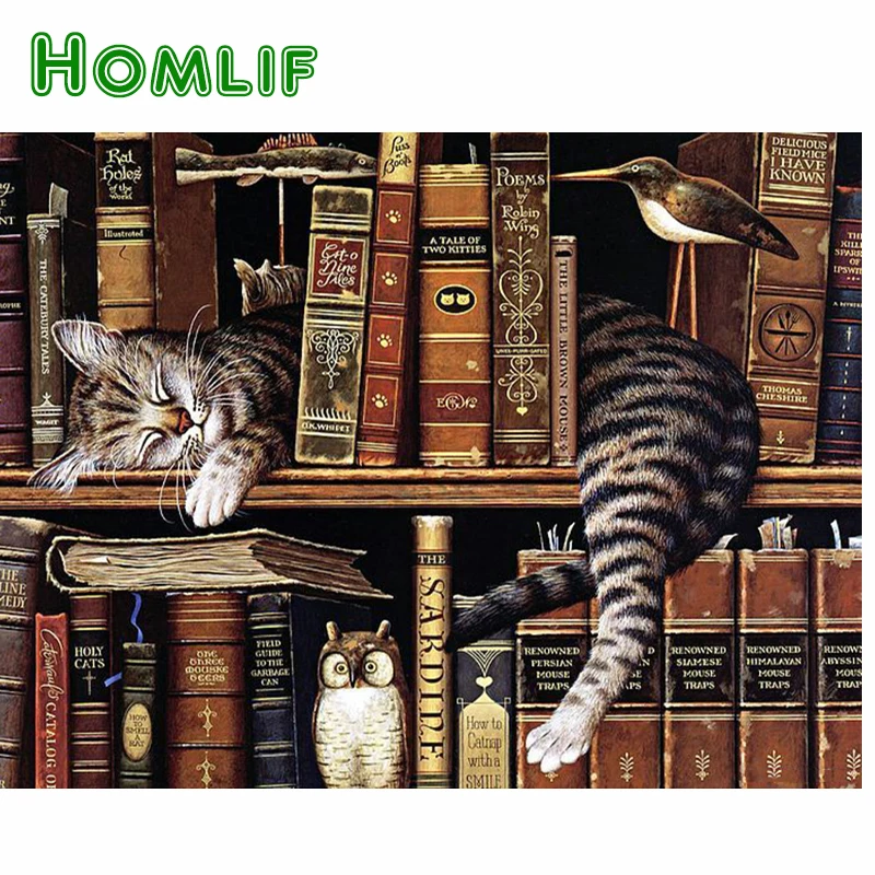 HOMLIF камни в форме ромба дрель 5D DIY алмазная живопись &quotКнижный Шкаф котик&quot