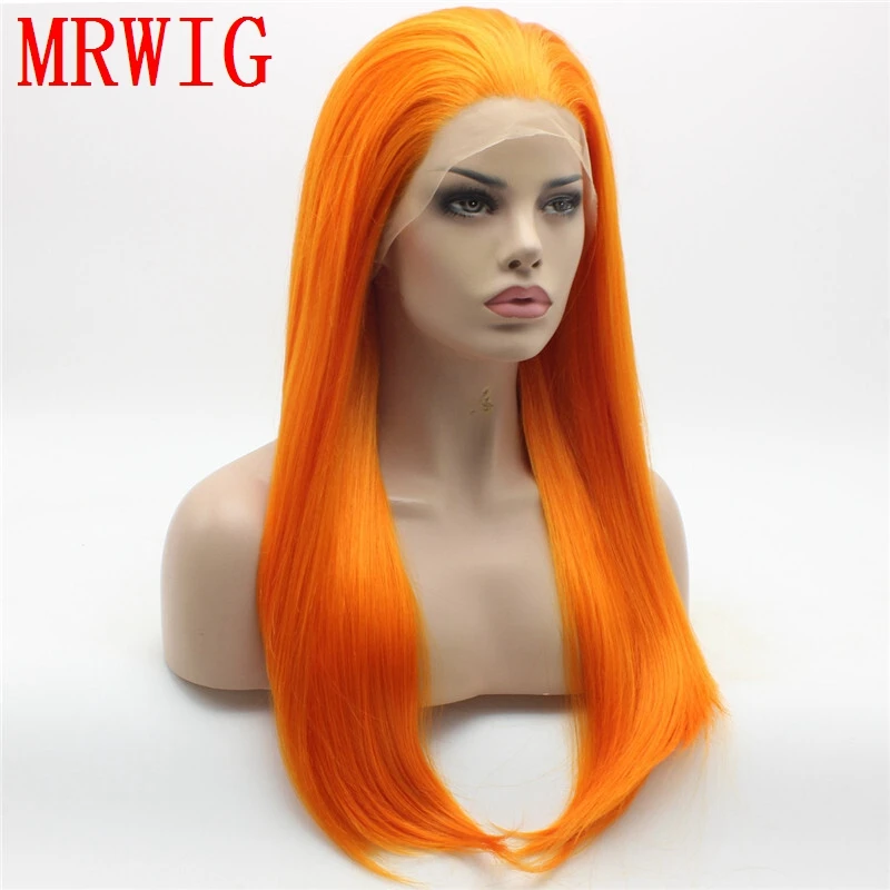 MRWIG  18in free part long straight glueless front lace wig cosplay heat resistant 150%density