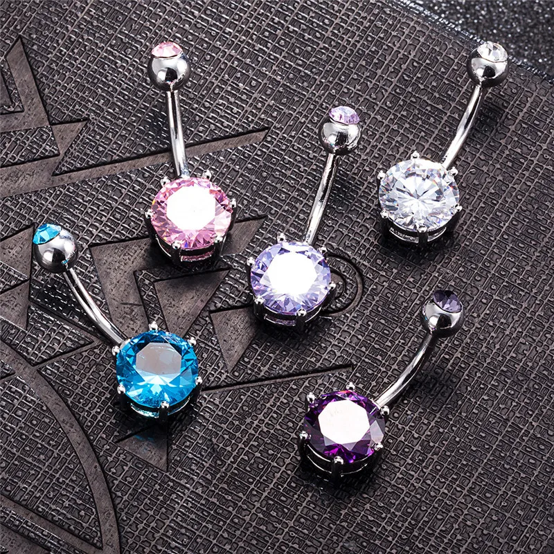 1pcs Body Piercing Jewelry Medical Steel Round Cubic Zirconia Navel Bar