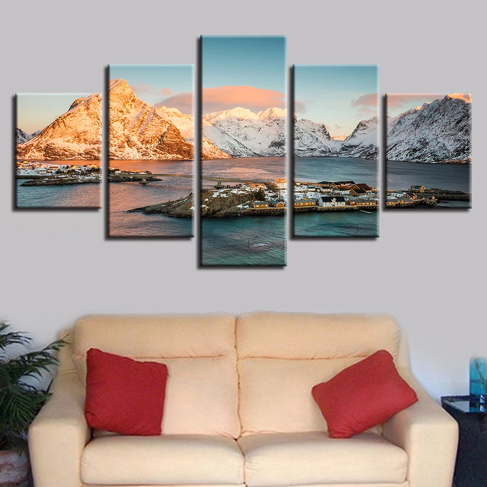 

Frames Painting Posters Modular HD Printing 5 Pieces Island And Mountain Natural Landscape Canvas Picture Wall Decor Bedroom Art