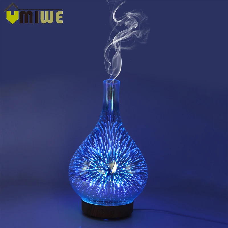 Online 3D Feuerwerk LED Nacht Licht Luftbefeuchter Glas Vase Form Aroma Ätherisches Öl Diffusor Nebel Maker Ultraschall luftbefeuchter Geschenk