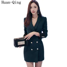 Офисные женские корейские осенние женские винтажные двубортные блейзеры пальто тонкие модные длинные блейзеры с длинными рукавами платье верхняя одежда