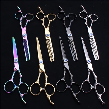 

2Pc 5.5" 16cm Customized Logo 440C Barber Scissors Cutting Shears Thinning Scissors Plum Handle Professional Hair Scissors C9002